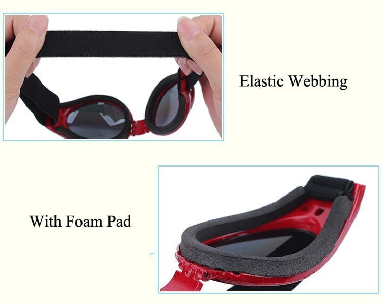 Gafas para mascotas plegables rojas y negras con protección UV, con correa elástica tipo malla y acolchado de espuma para perros medianos.