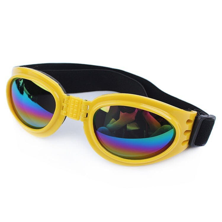Gafas para perros amarillas con protección UV, con lentes iridiscentes con tinte arcoíris y una correa negra ajustable para gafas plegables para mascotas medianas.