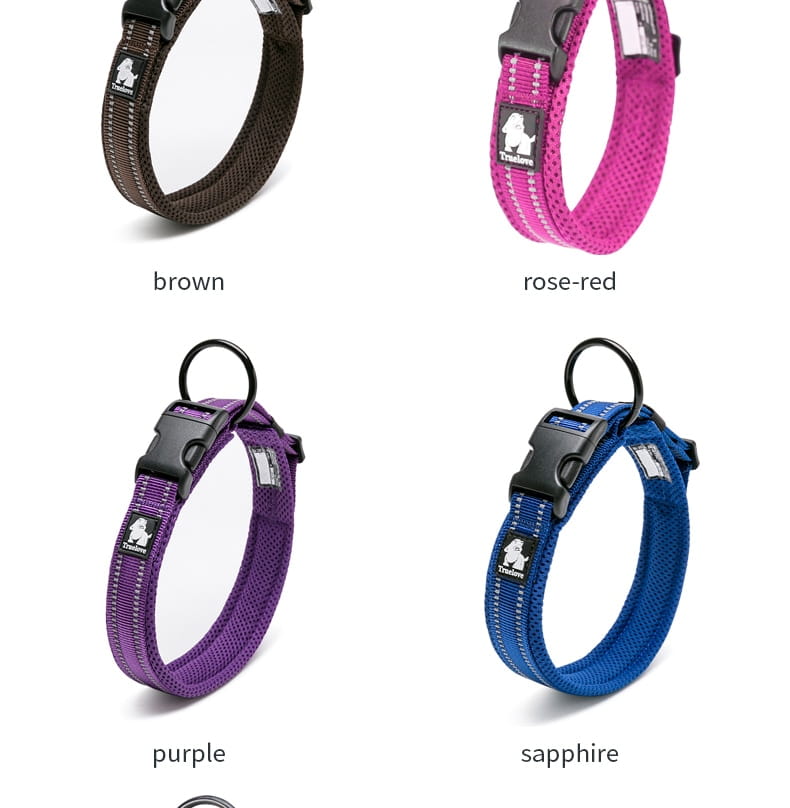 collares para perro de malla acolchada reflectante talla mediana en marrón, rojo rosado, morado y azul zafiro, con hebillas de plástico negras e ilustración del logotipo de la marca, así como una textura de malla vibrante.