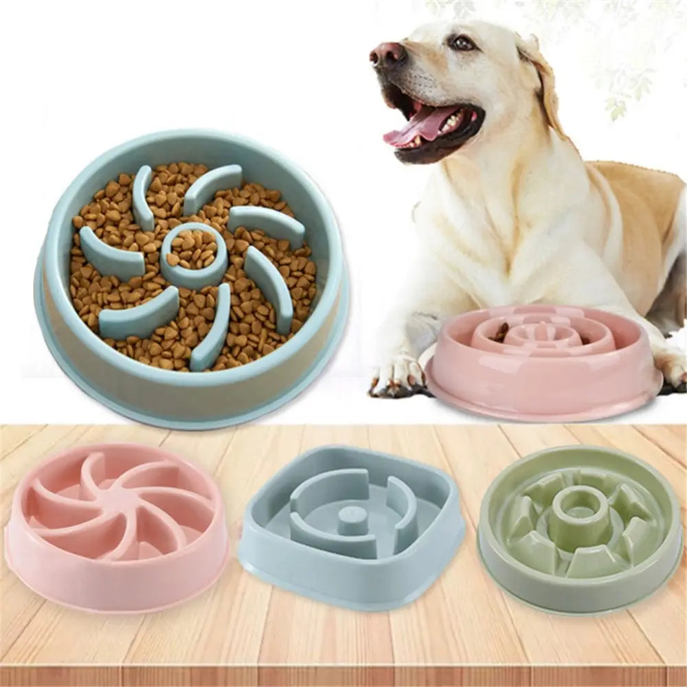 Pastel-colored plastic slow feeder dog bowls with spiral and maze-like designs for anti choke and controlled eating speed.