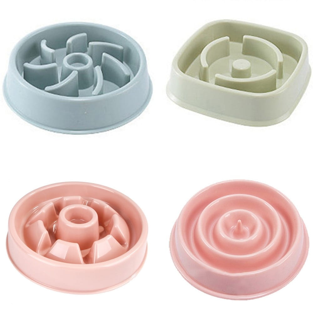 Pastel-colored plastic slow feeder dog bowls in assorted shapes designed as anti choke dishes for pets.
