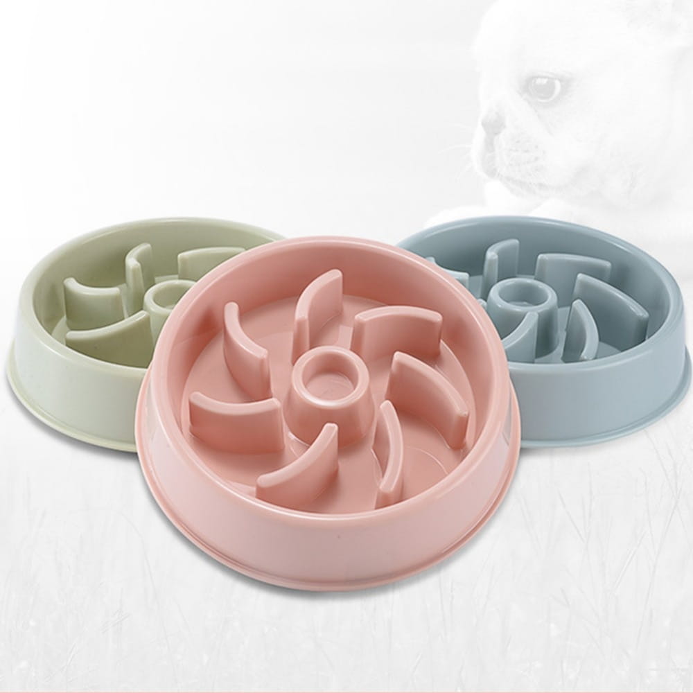 Pink silicone slow feeder dog bowl with spiral design plastic pet anti choke dish.
