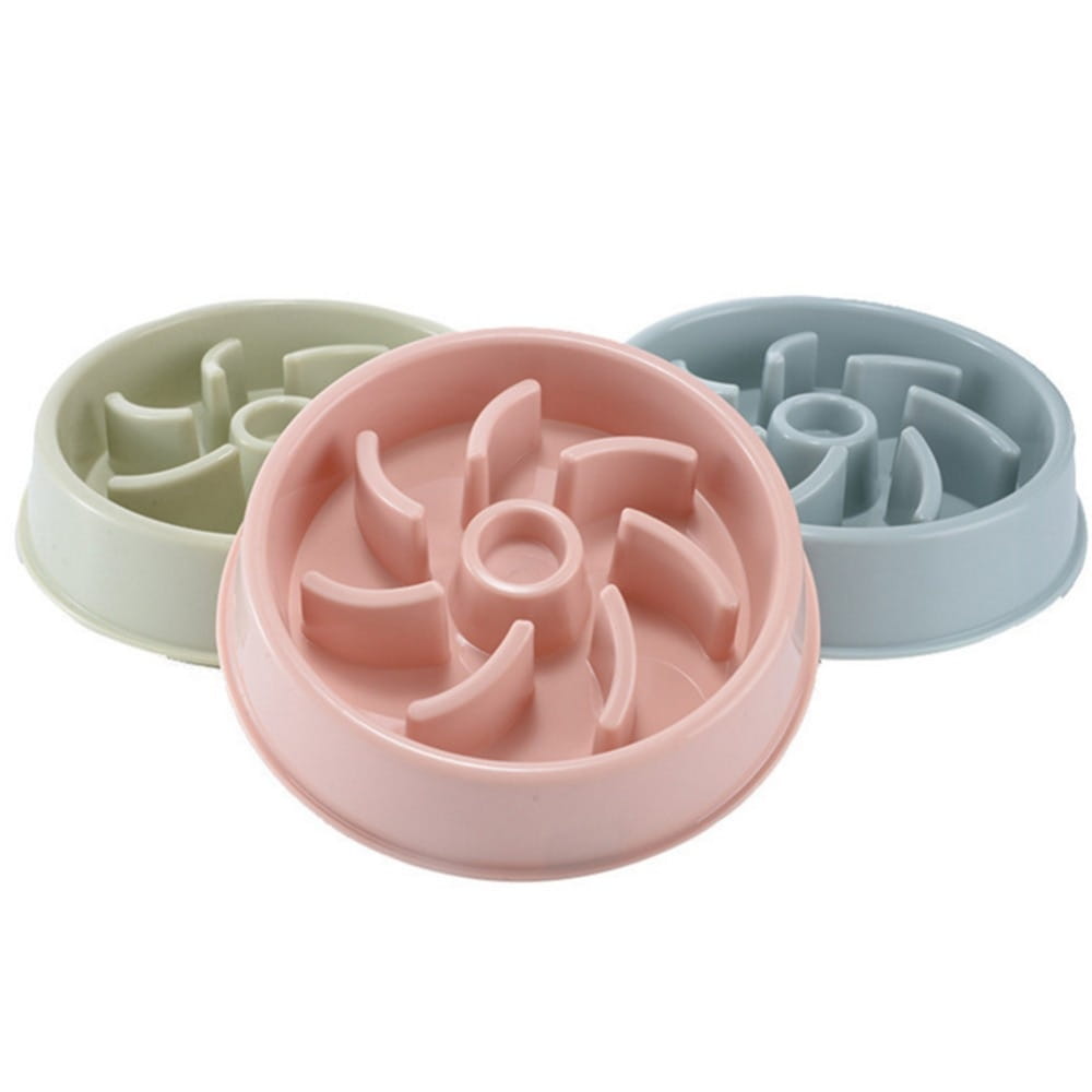 Pastel pink light green and gray silicone slow feeder dog bowls with a spiral maze design for plastic pet anti choke dish use.