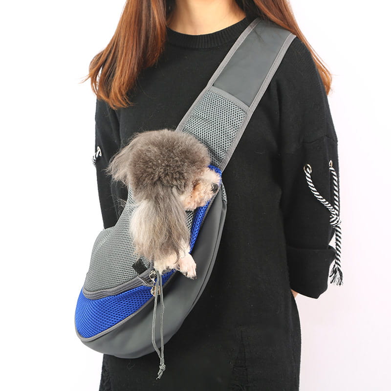 Gray and blue breathable mesh pet carrier backpack with adjustable shoulder strap shown from the back side.
