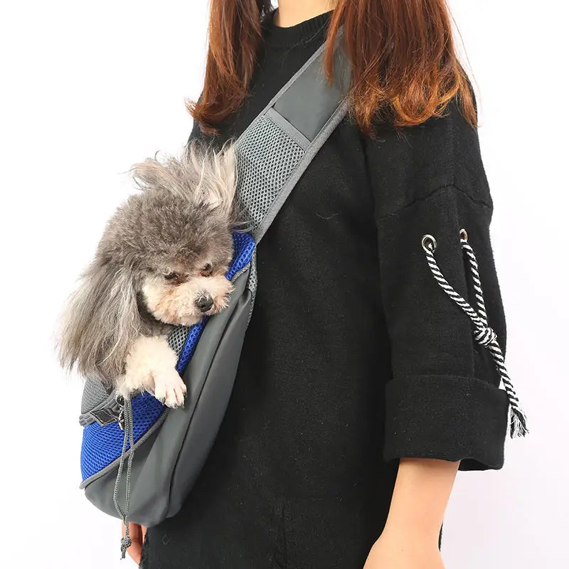 A gray and blue breathable mesh pet carrier backpack with adjustable shoulder strap shown from the back side.
