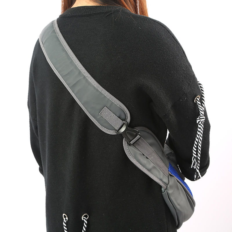 Gray and blue nylon breathable mesh pet carrier backpack with adjustable crossbody strap shown from the back side
