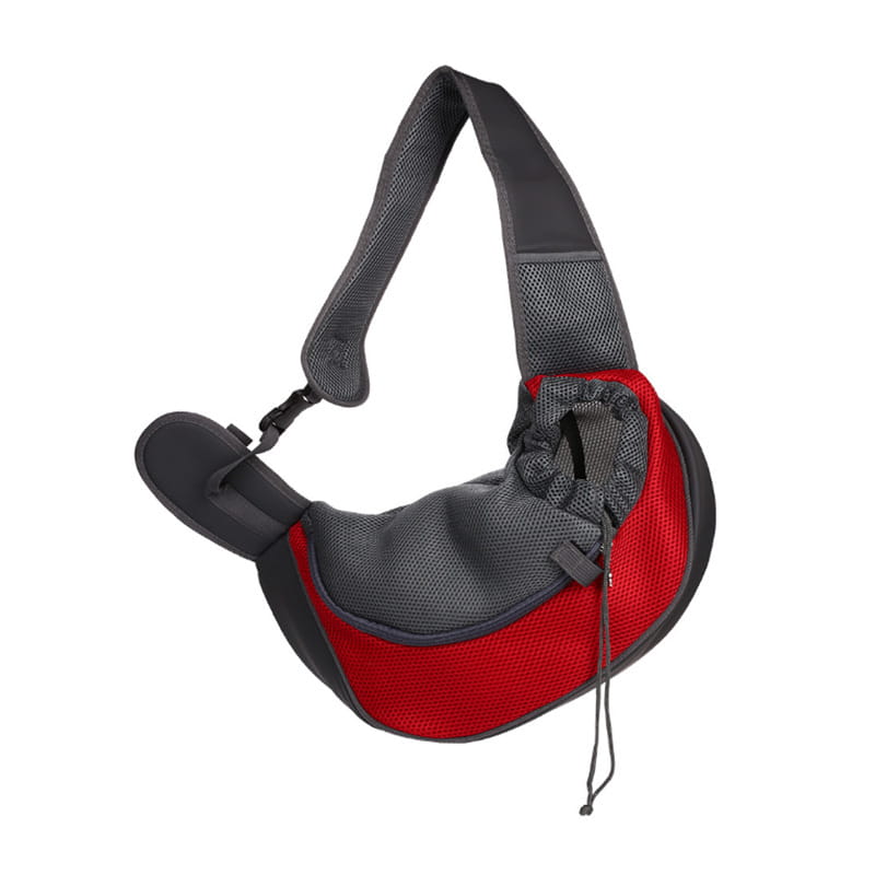 Breathable mesh pet carrier backpack in red and gray with adjustable shoulder strap and durable mesh material for comfortable pet transport.