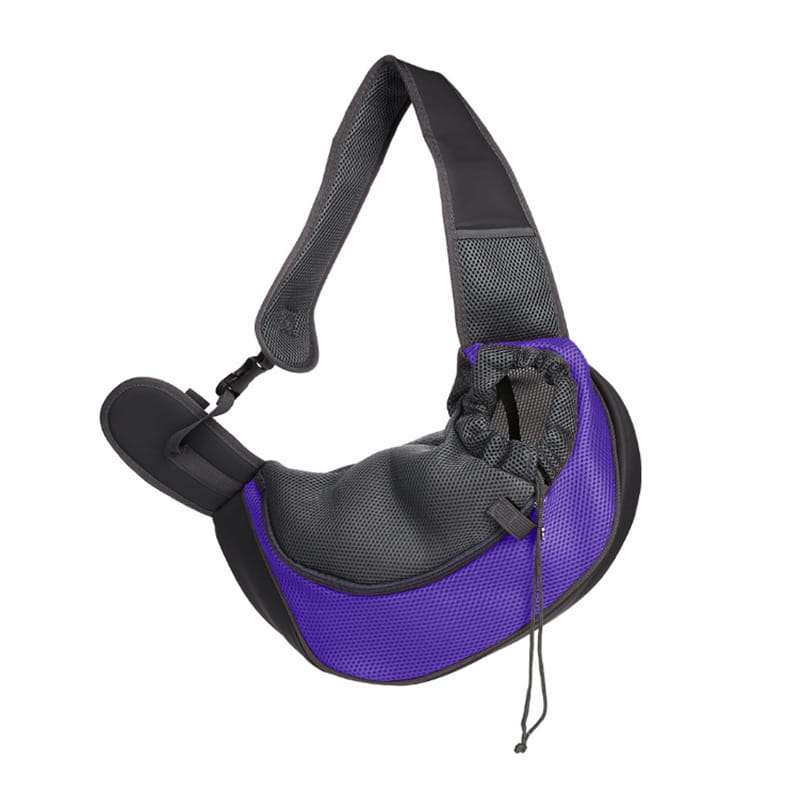 Breathable mesh pet carrier backpack in purple and black mesh with an adjustable shoulder strap shown from the back side.