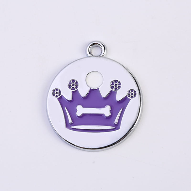 Purple enamel crown charm pet ID tag with a silver-toned metal frame and central bone design from a 5 pack set.