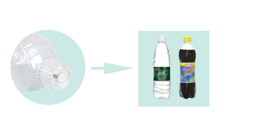 a clear plastic water bottle with a white cap and green label next to a dark soda bottle with a yellow cap and colorful label in an automatic cat feeder gravity pet waterer station.