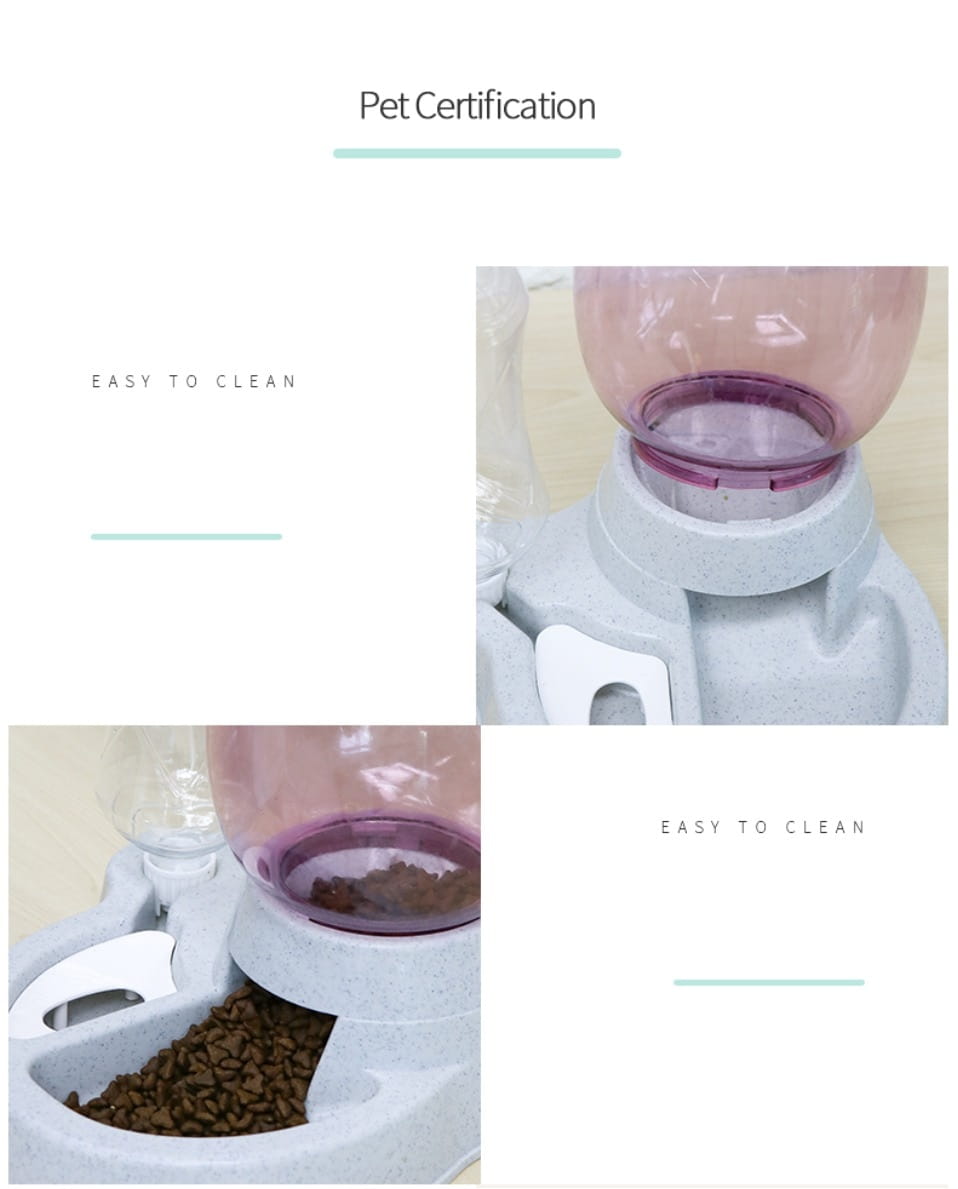Automatic cat feeder gravity pet waterer station featuring a light gray speckled base with white plastic components and a translucent pink feeding bowl.