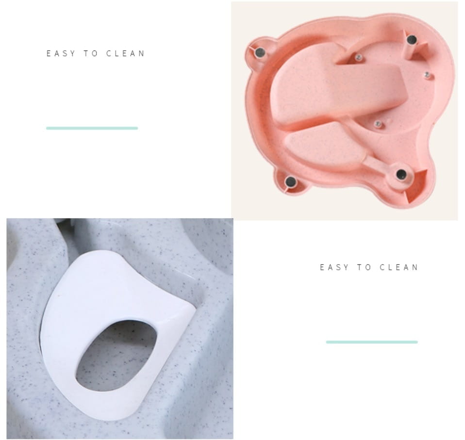automatic cat feeder gravity pet waterer station featuring a pink plastic baby potty seat with four black screw holes and a white silicone insert for easy cleaning.