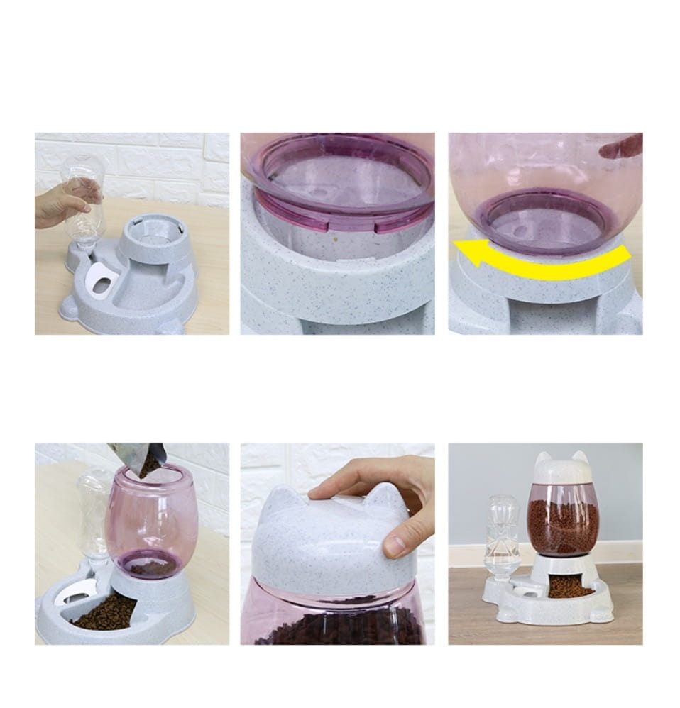 White and purple cat-shaped automatic cat feeder with clear food compartment, pink water reservoir, and adjustable feeding mechanism for gravity pet watering station.