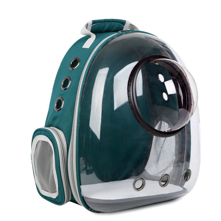 teal and clear transparent astronaut cat bubble backpack carrier with circular viewport mesh ventilation panels and silver-toned metal hardware designed for pet transport