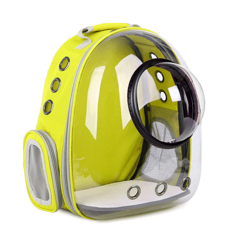 Vibrant lime green transparent astronaut cat bubble backpack carrier with a transparent dome and black-rimmed circular window.