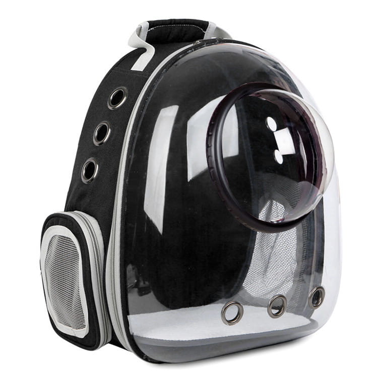 Transparent astronaut cat bubble backpack carrier with a transparent dome shape, black and gray accents, a circular viewing window, and mesh ventilation panels.