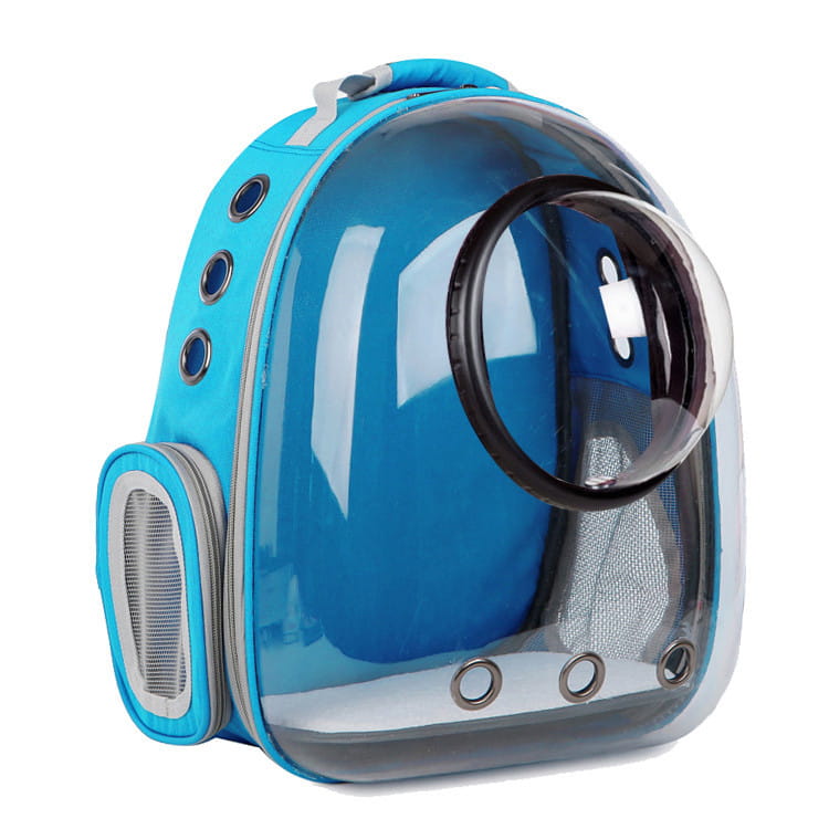 transparent astronaut cat bubble backpack carrier featuring a translucent blue astronaut-style design with a clear dome, black circular viewport, and gray mesh ventilation panels