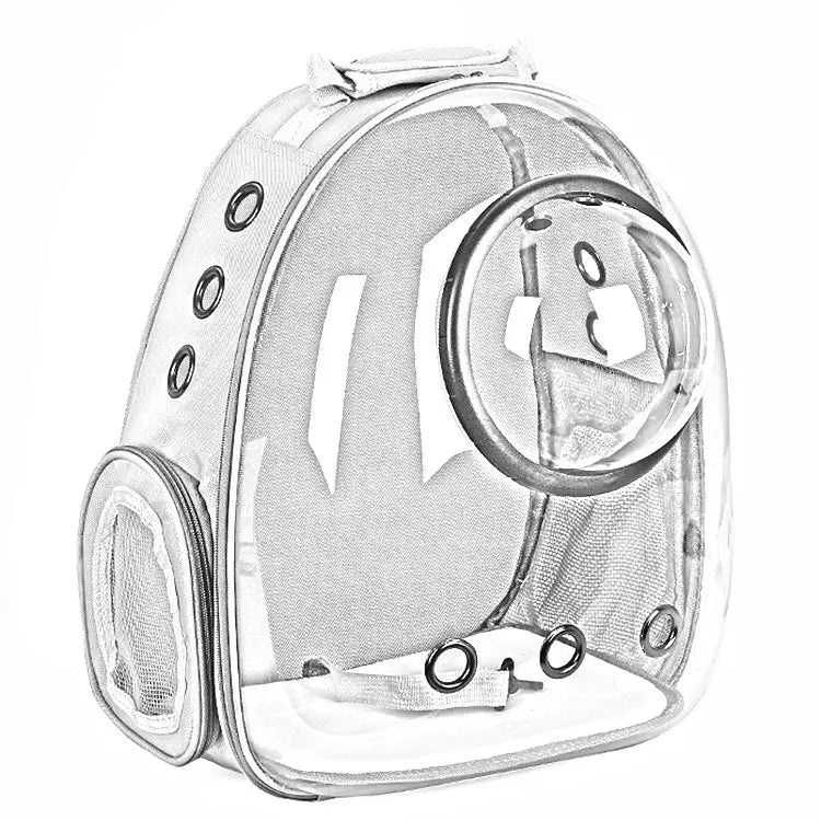 Transparent astronaut cat bubble backpack carrier made of clear transparent material with a circular window and mesh panels for ventilation