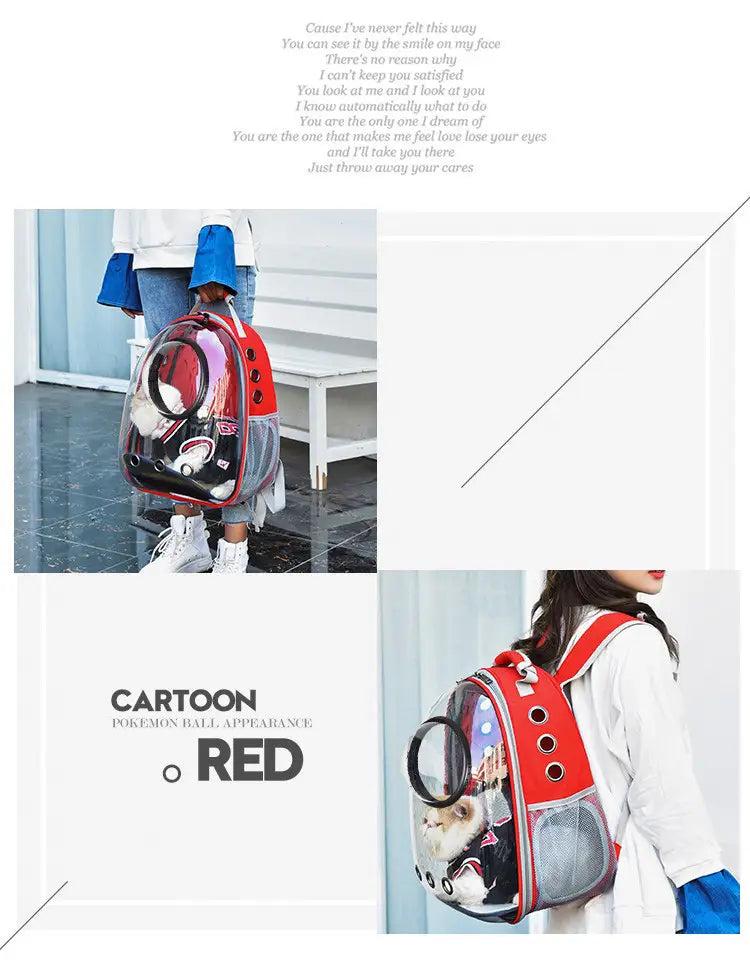 Red cartoon Pokémon ball-shaped pet carrier with transparent circular window and mesh panels designed as a transparent astronaut cat bubble backpack carrier.