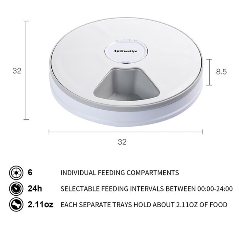White circular automatic pet feeder with six individual compartments and a sleek modern design for timed meal dispensing for dogs and cats.