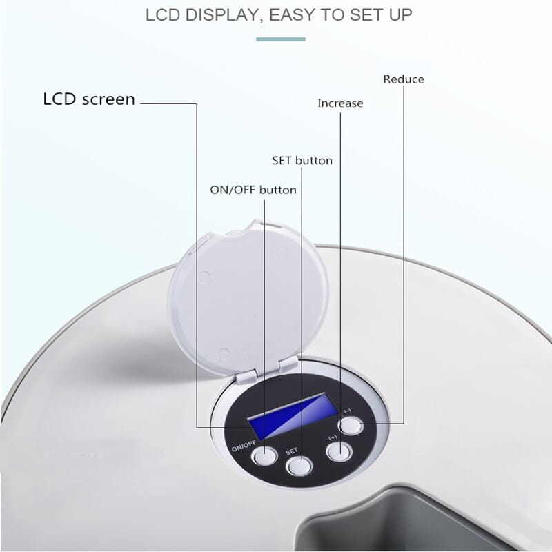 white plastic digital scale with circular lcd display and four control buttons designed for automatic pet feeder 6 meal timing dispenser for dogs and cats