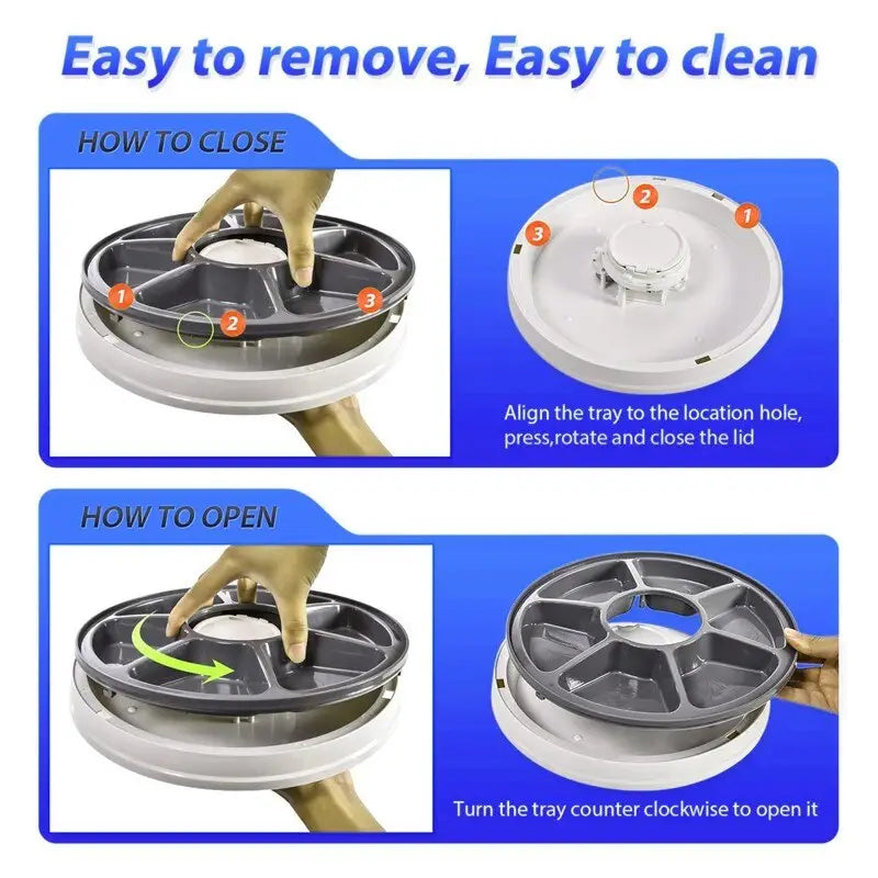 Gray plastic round compartment tray with white lid for easy removal and cleaning in automatic pet feeder 6 meal timing dispenser for dogs and cats.