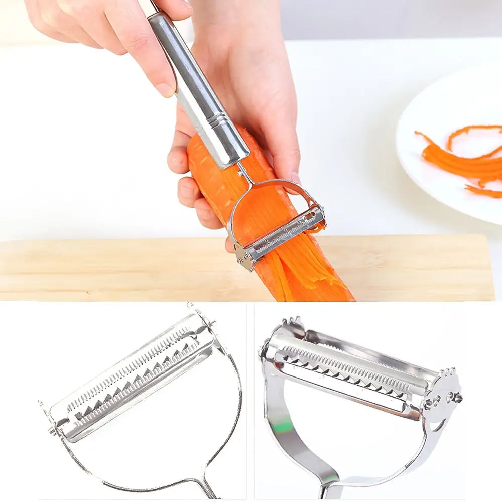 Stainless steel 2 in 1 potato peeler and julienne grater with a curved handle and multiple blade configurations for efficient peeling.