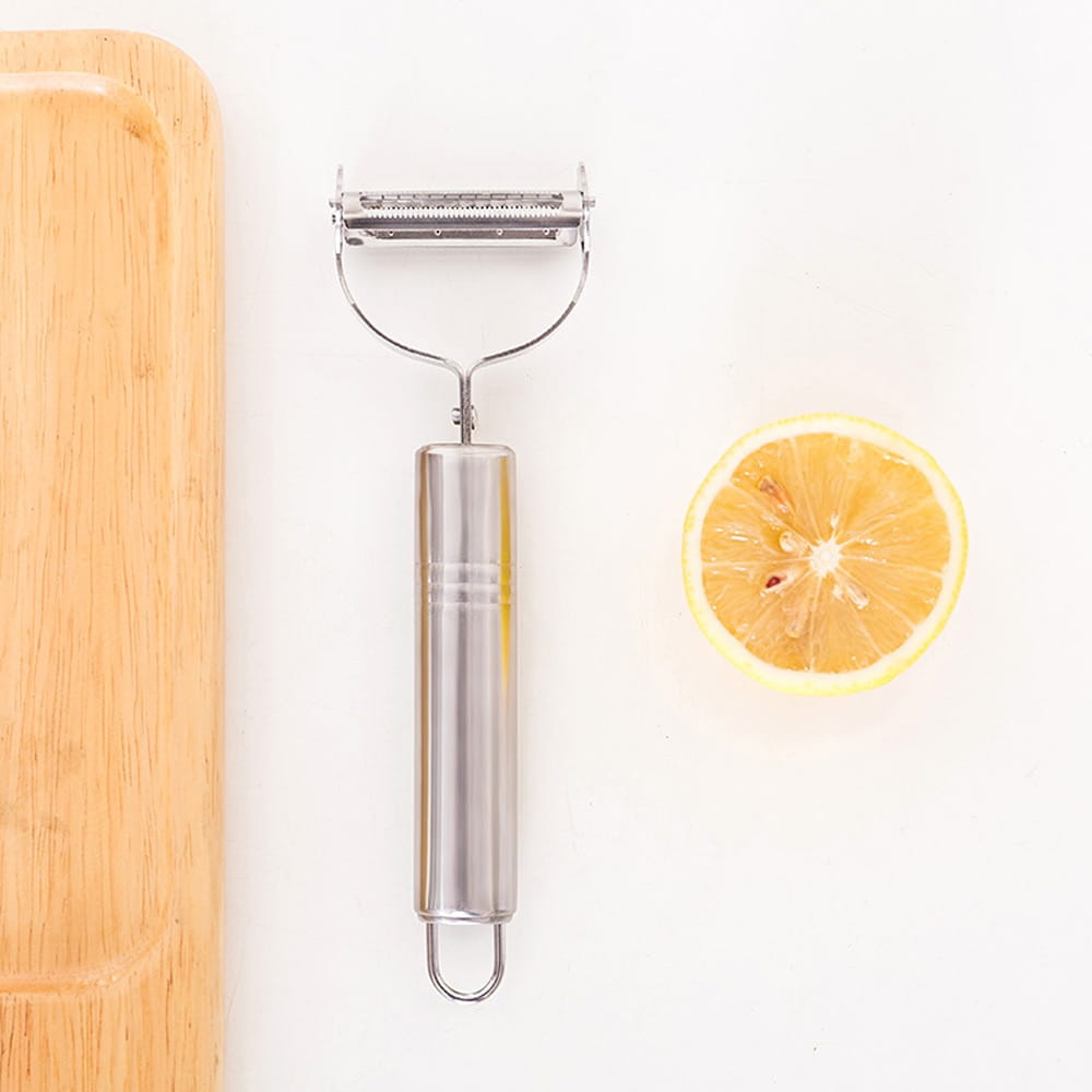 Stainless steel 2 in 1 potato peeler and julienne grater with a sleek cylindrical handle and curved metal head.