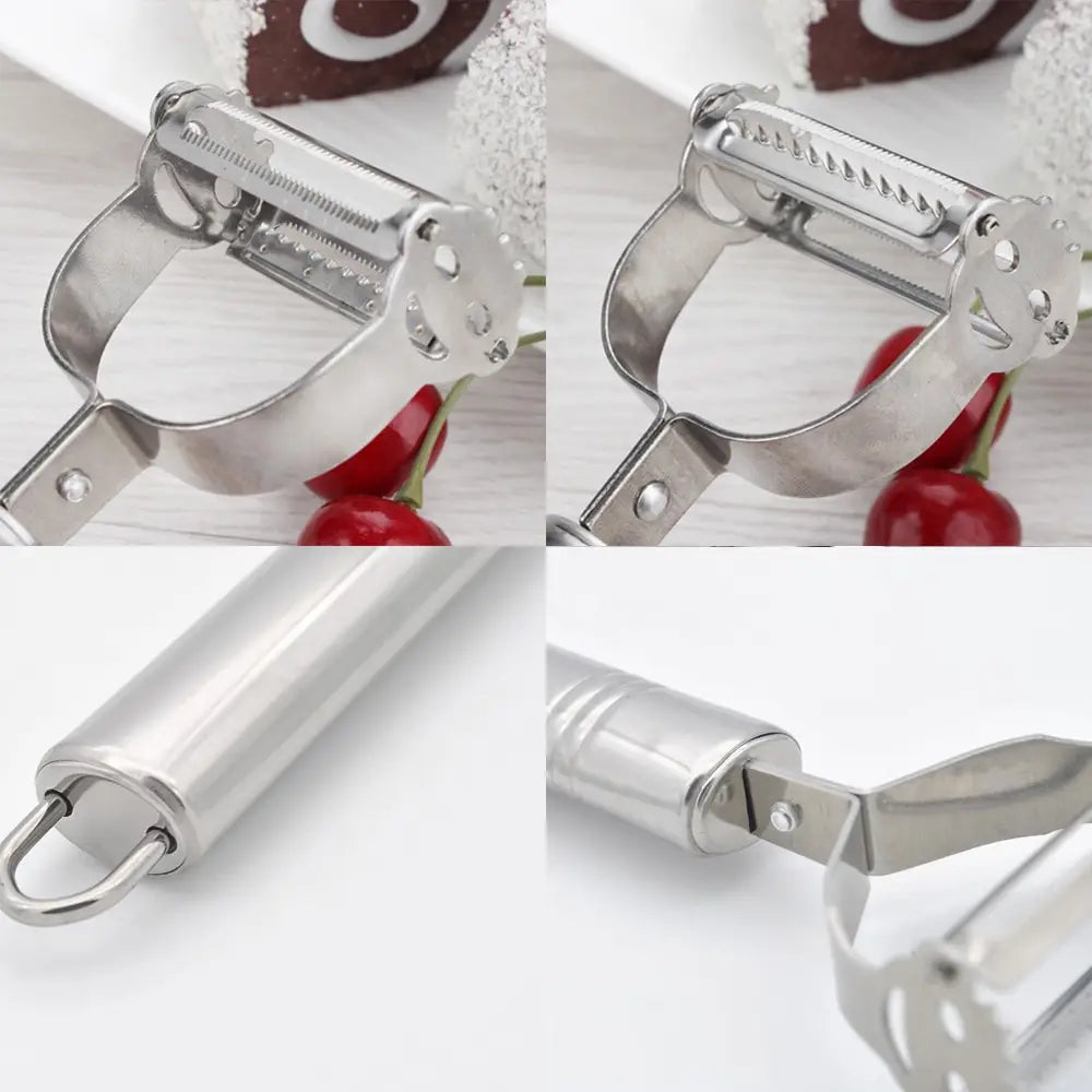 Stainless steel 2 in 1 potato peeler and julienne grater with a sleek polished finish and multiple blade options for various peeling tasks.