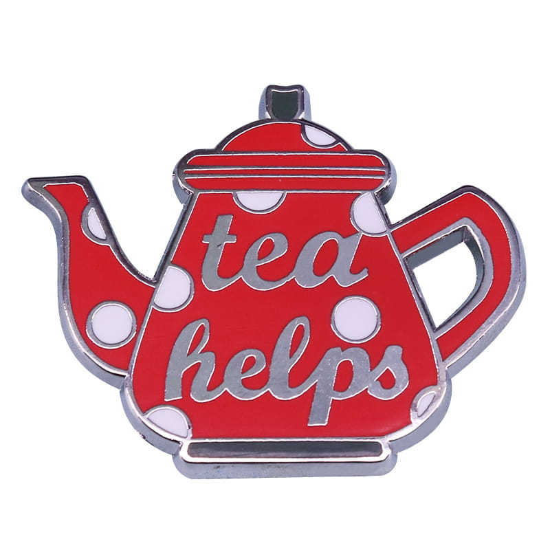 Red enamel cat witch teapot pin with white polka dots and silver lettering reads tea helps whimsical copper brooch.