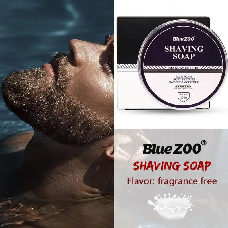 Bluezoo duftfreie Rasierseife in einer eleganten schwarzen und weißen runden Dose, ausgelegt für die feuchtigkeitsspendende Sandelholz-Minz-Rasiercreme für Männer.