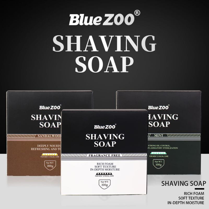 Bluezoo Rasierseife für Männer: feuchtigkeitsspendende Sandelholz-Minz-Creme in eleganter schwarzer und weißer Verpackung mit klaren Auswahlmöglichkeiten beim Duft, darunter Sandelholz, Minze und duftfrei.