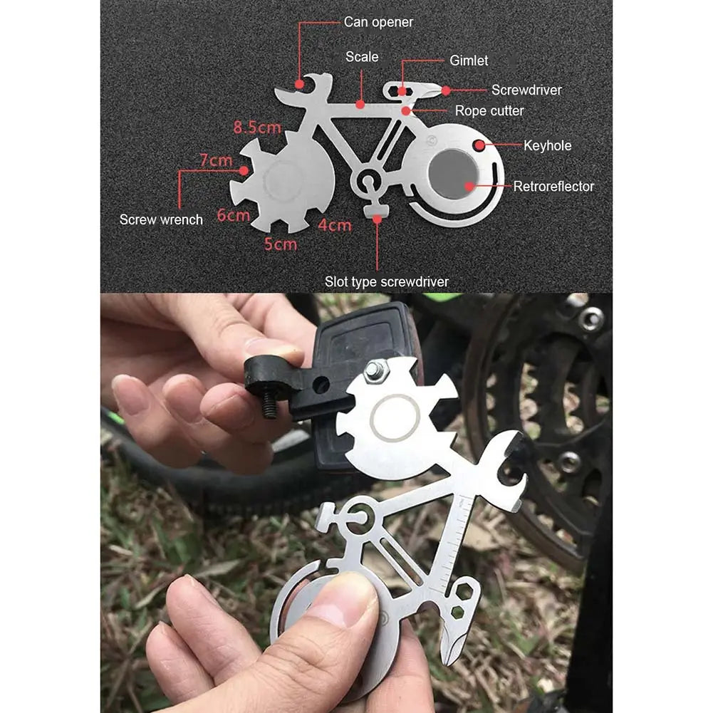 Silver bicycle multi-tool made of 420 steel featuring a mirror, ruler, integrated screwdriver, wrench, and compact design.