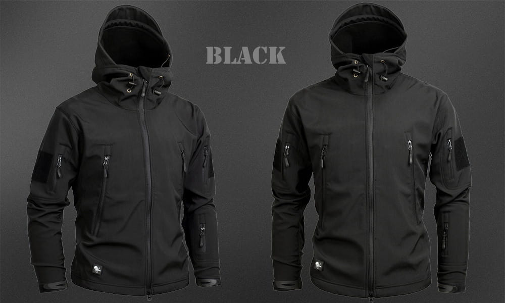 Black tactical waterproof softshell fleece jacket with multiple zippered pockets and an adjustable hood designed for outdoor use.