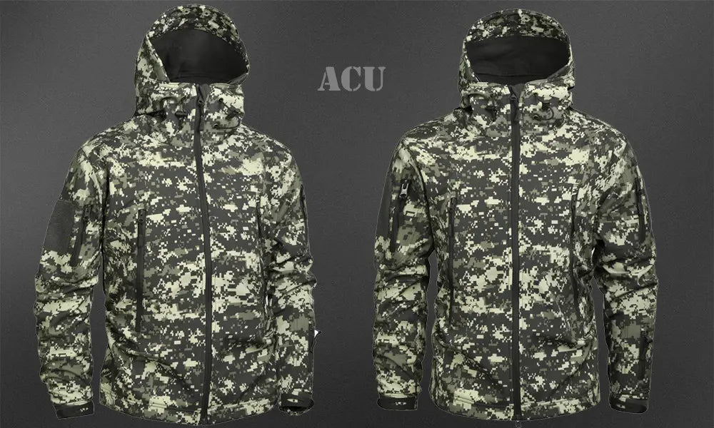 Acu camouflage tactical waterproof softshell fleece jacket with digital pattern in shades of green and gray featuring a hooded design and zippered front.