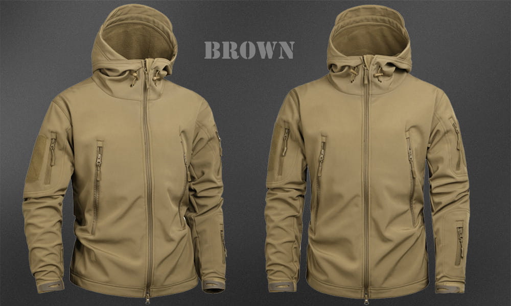 tan tactical waterproof softshell fleece jacket featuring multiple zippered pockets and a soft-shell fabric finish