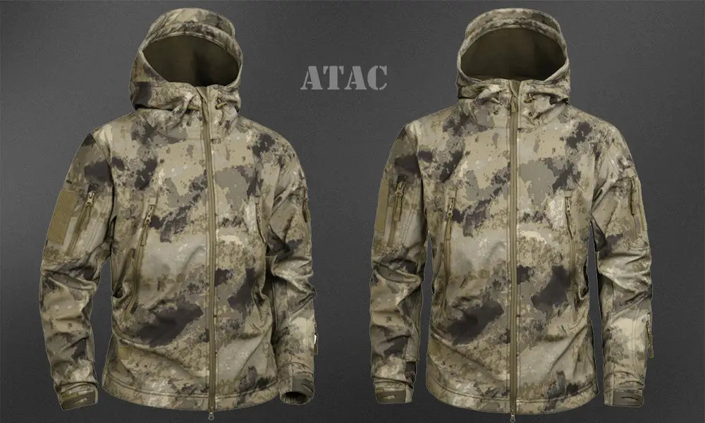 Tactical waterproof softshell fleece jacket in camouflage pattern with earthy tones and reinforced zippers designed for outdoor use.