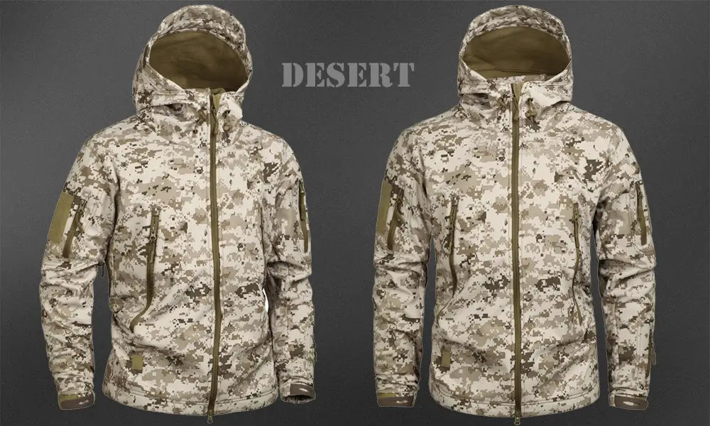 Desert camouflage hooded tactical waterproof softshell fleece jacket with tan and beige digital pattern and olive green zipper accents.