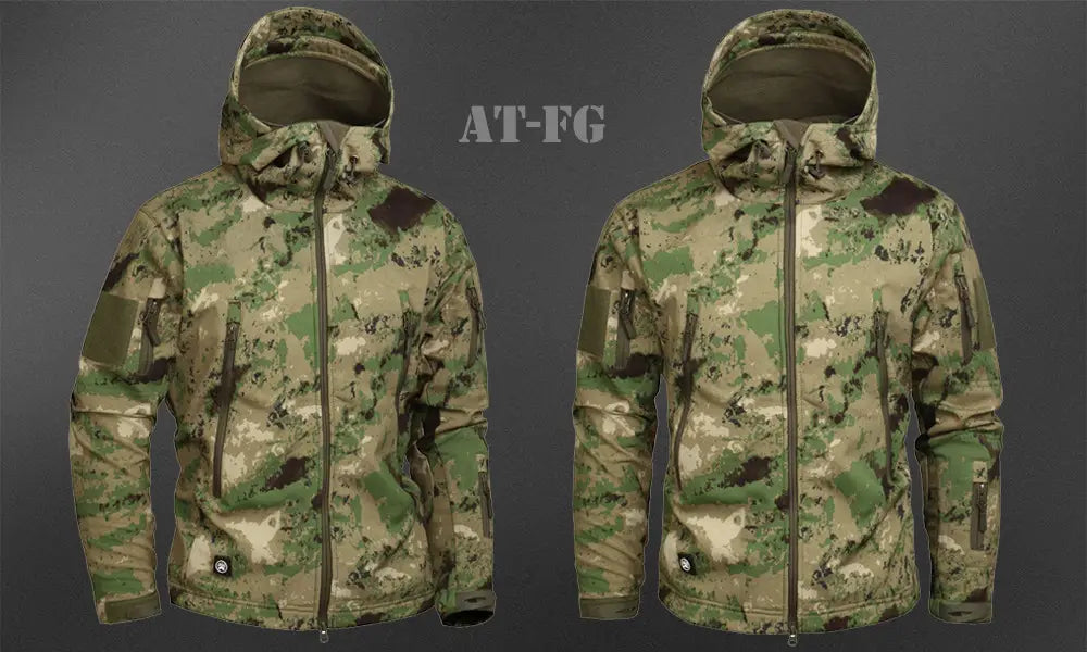 Tactical waterproof softshell fleece jacket with camouflage pattern in green brown and beige tones displayed from the back.
