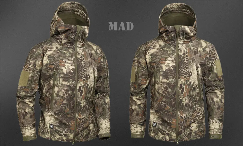 mad brand tactical waterproof softshell fleece jacket featuring a detailed camouflage pattern in earthy tones with olive green accents.