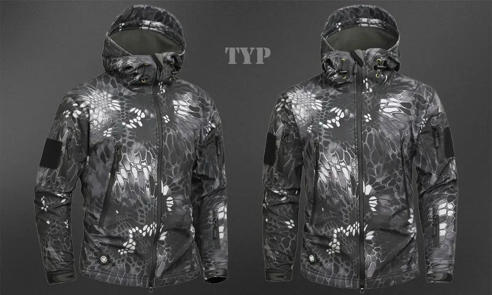 Black and gray camouflage tactical waterproof softshell fleece jacket with hood, zippered front, and multiple pockets designed for outdoor use.