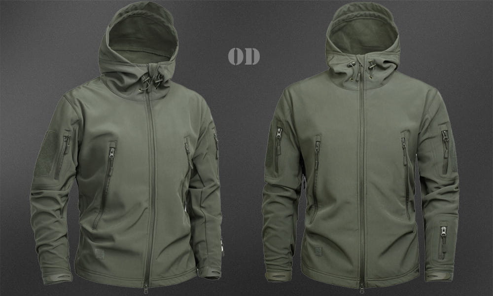 Olive green tactical waterproof softshell fleece jacket with multiple zippered pockets and a soft water-resistant fabric.