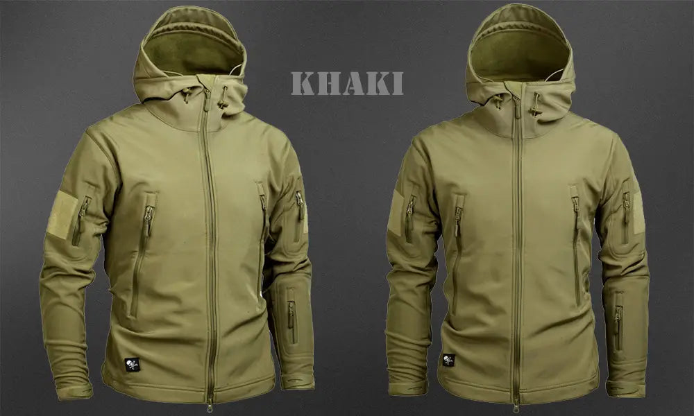 Khaki tactical waterproof softshell fleece jacket featuring a hood, zippered pockets, and reinforced fabric for durability.