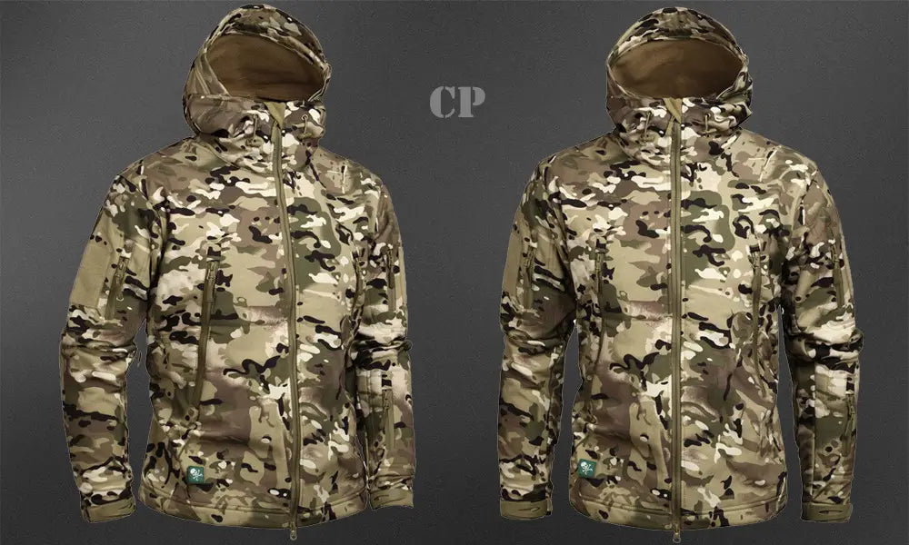 camouflage-patterned tactical waterproof softshell fleece jacket in earthy tones with a soft interior lining