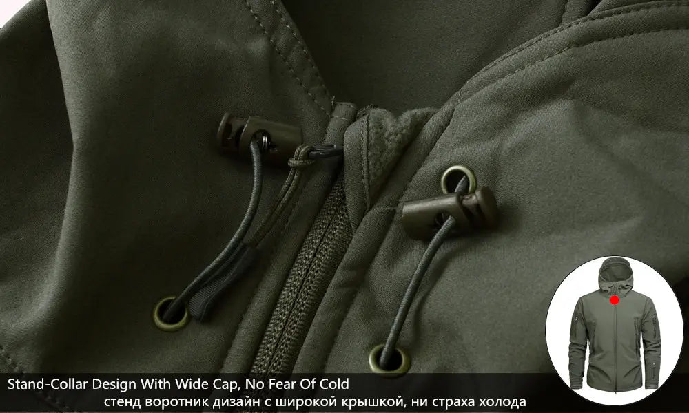 dark olive green tactical waterproof softshell fleece jacket with stand-collar design and wide hood featuring black drawstrings threaded through metal eyelets