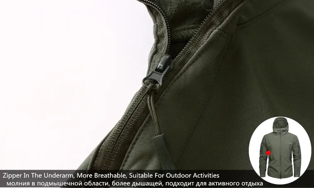 A dark olive green tactical waterproof softshell fleece jacket with a black zipper pull and reinforced stitching.
