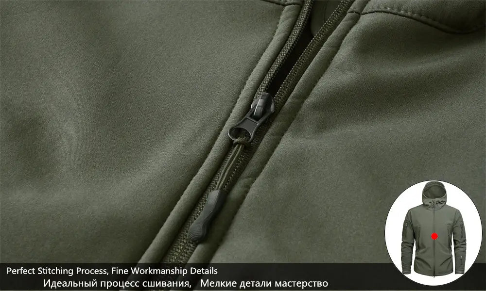 Olive green tactical waterproof softshell fleece jacket featuring black zipper and reinforced stitching.