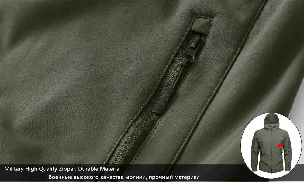 olive green tactical waterproof softshell fleece jacket featuring a military-grade zipper and durable fabric designed for outdoor and tactical use