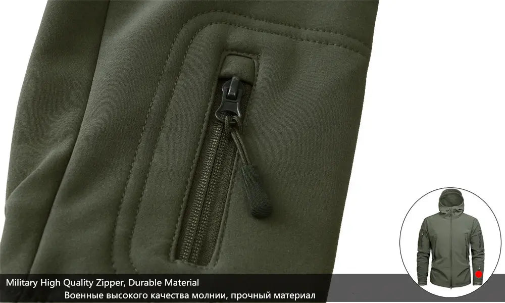 Olive green tactical waterproof softshell fleece jacket featuring a military-grade zipper and durable water-resistant fabric.