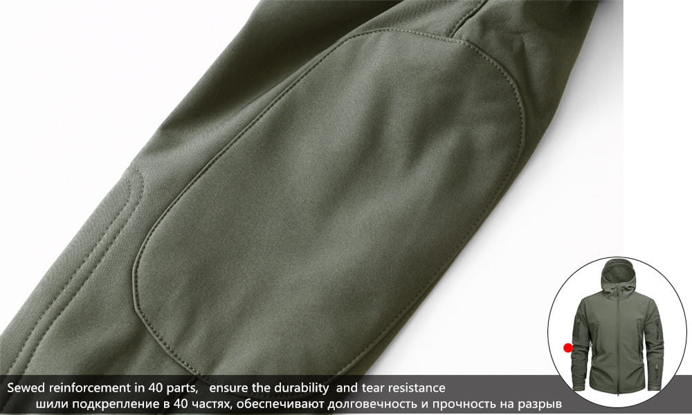 Olive green tactical waterproof softshell fleece jacket made of leather with reinforced elbow patch showing the back side.